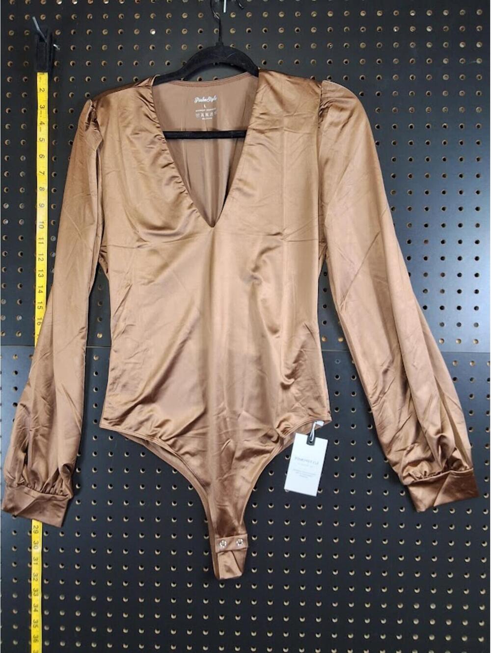 Chic Brown Satin Bodysuit - Size L, Elegant & Sleek